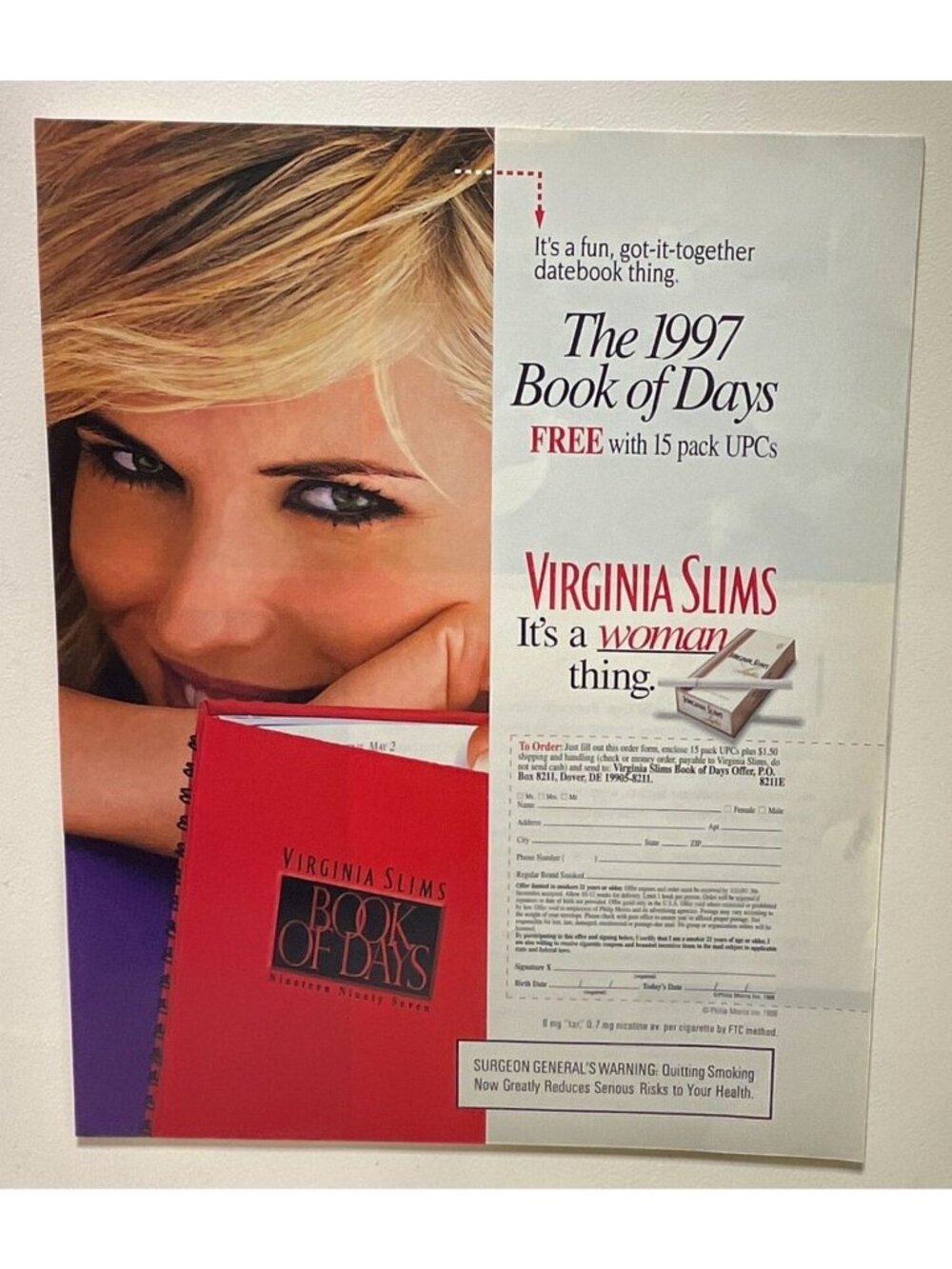 Virginia Slims Cigarettes Vintage Print Ad 1990s Book of Days Datebook Promo